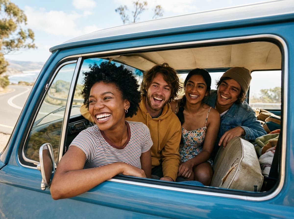 Friends laughing together on a road trip