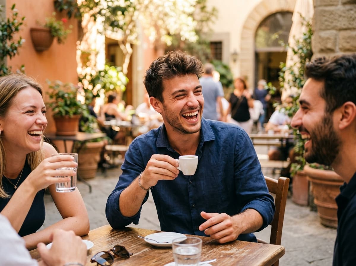 Friends laughing candidly over coffee outdoors