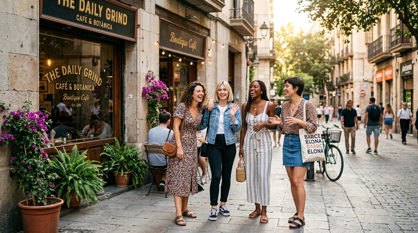 Friends enjoying city cafe street
