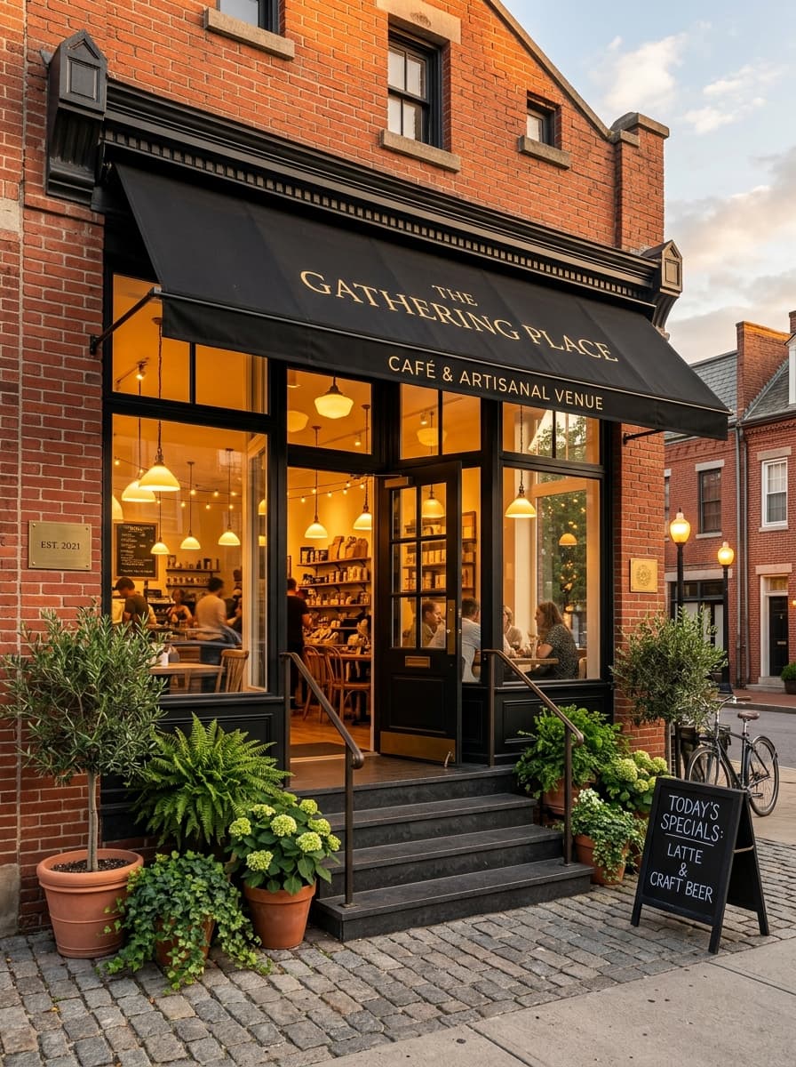 Artisanal cafe storefront with evening awning