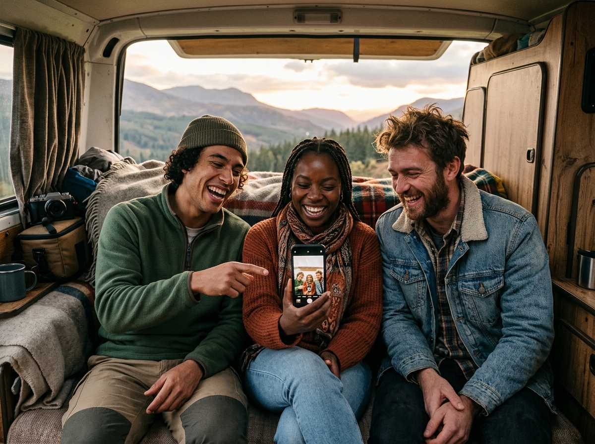 Friends smiling as they share photographs on a phone